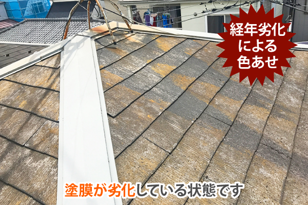 経年劣化による色あせで、屋根の塗膜が劣化している状態です