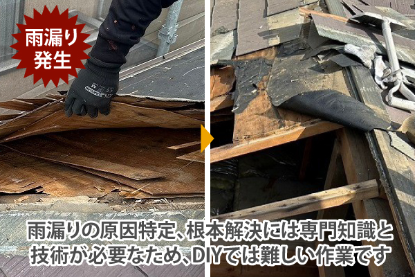 雨漏りの原因特定、根本解決には専門知識と技術が必要なため、DIYでは難しい作業です